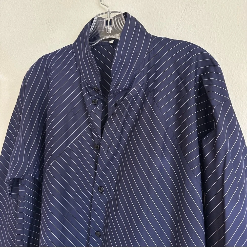 Eskandar Double Stand Collar Botton Shirt Navy Stripe Patchwork Cotton Luxury - Picture 4 of 13